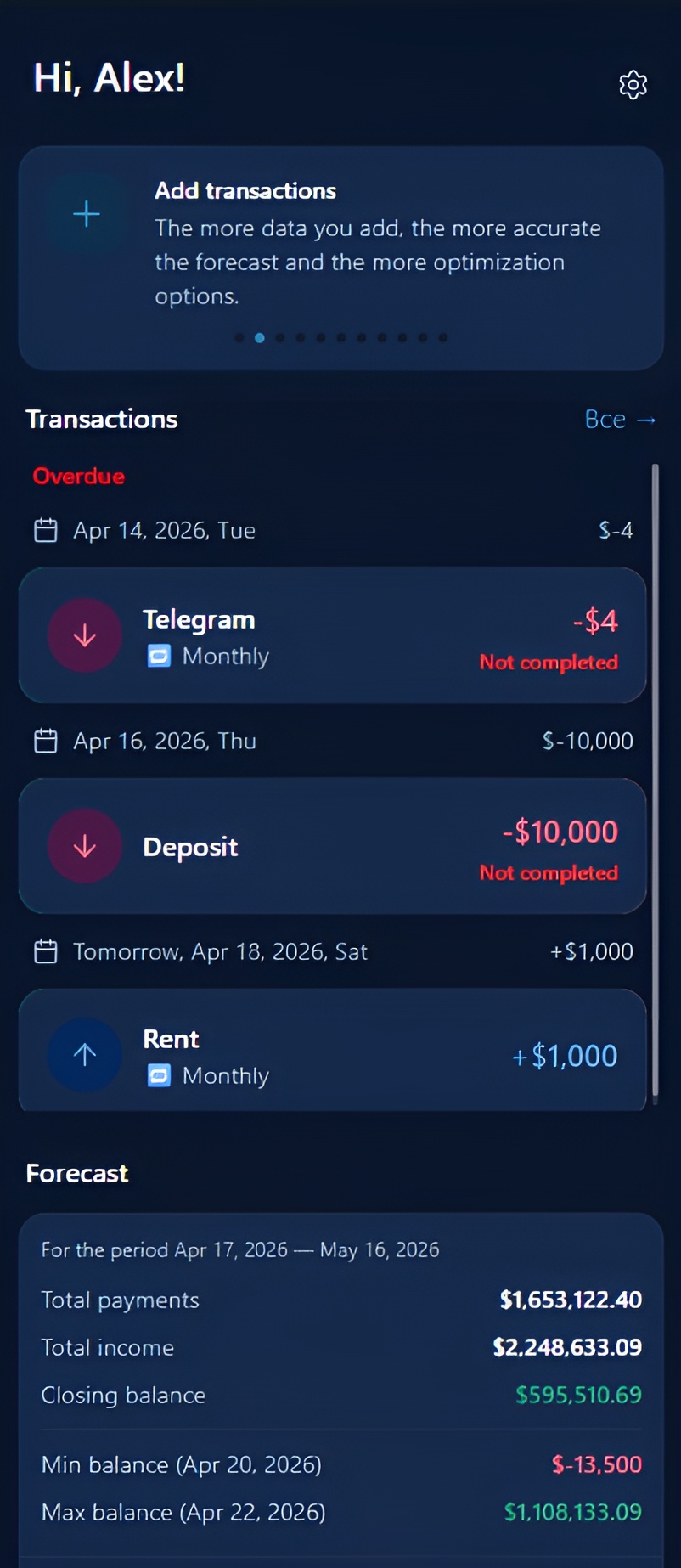 NotiFin app showing transactions and balance overview